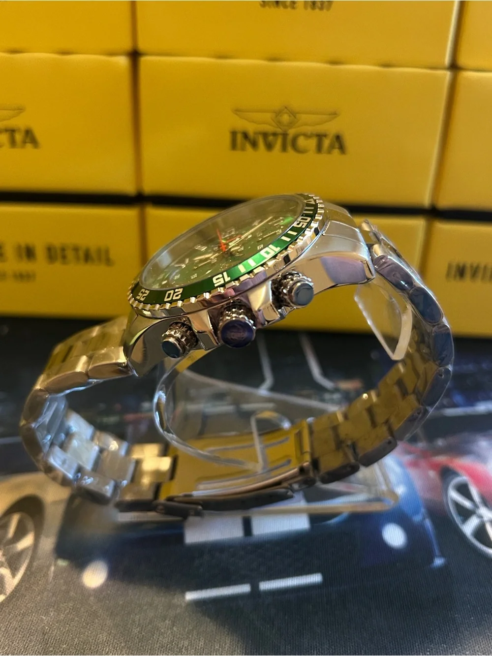 Invicta Specialty 48mm Silver Stainless Steel Chrono with Green Dial and Bezel